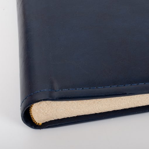 Album bound by hand, 36x36cm and 100 pages, ivory cardboard with rice paper, blue leather binding with seams-Hoper.gr