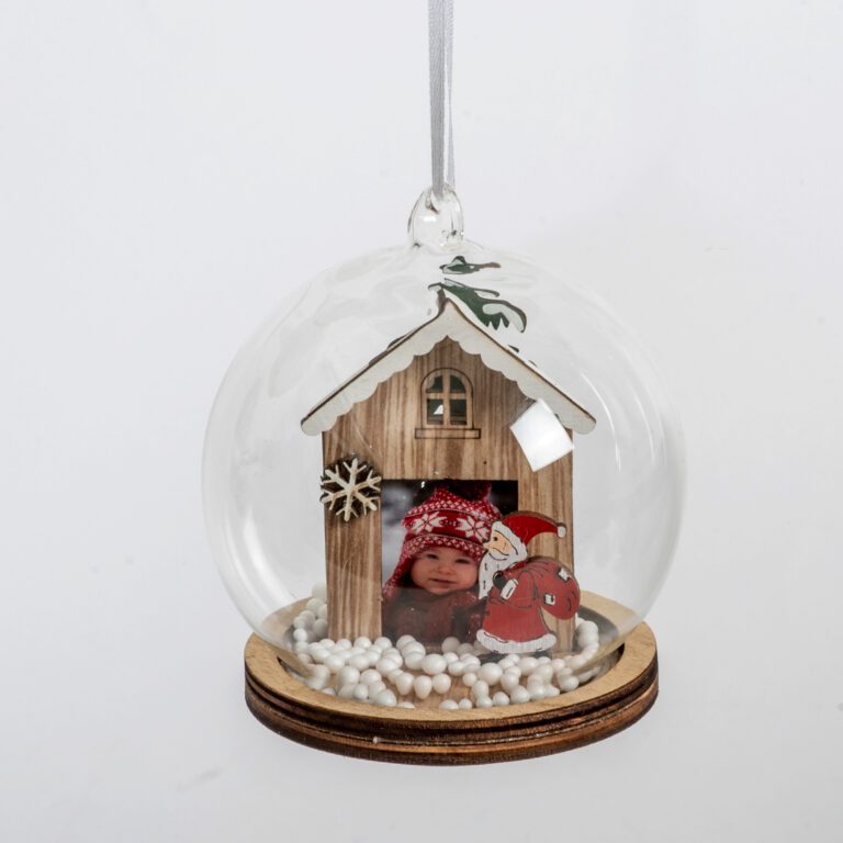 Χριστουγεννιάτικη κορνίζα ξύλινη 11x9cm για φωτογραφία 3,5×4,5cm μέσα σε γυάλινη μπάλα( Νιφάδα χιονιού)oppland-Hoper.gr