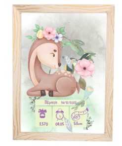 Ενθύμιο Γέννησης  Κάδρο για το Παιδικό Δωμάτιο  Θέμα  νεογέννητο ροζ ελαφάκι  αφίσα με πληροφορίες από την γέννηση του μωρού σας με κορνίζα  ξύλινη 25×35 cm  σχέδιο κορνίζας (κ328/3) , τζάμι ακρυλικό άθραυστο-Hoper.gr