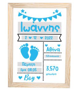 Ενθύμιο Γέννησης Κάδρο για το Παιδικό Δωμάτιο  Θέμα  νεογέννητο πατουσάκια γαλάζια   αφίσα με πληροφορίες από την γέννηση του μωρού σας με κορνίζα  ξύλινη 25×35 cm  σχέδιο κορνίζας (κ328/3) , τζάμι ακρυλικό άθραυστο-Hoper.gr