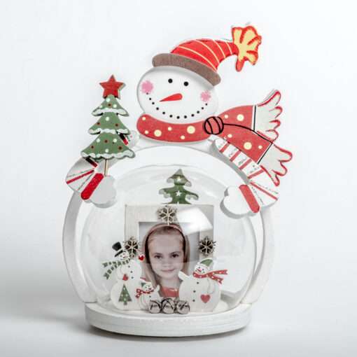 Χριστουγεννιάτικη κορνίζα ξύλινη  υψος18cm x9,5cm για φωτογραφία 3,5x4,5cm μέσα σε γυάλινη μπάλα (χιονάνθρωπος ) (LS653)-Hoper.gr