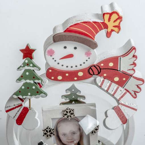 Christmas wooden frame height 18cm x9.5cm for photo 3.5x4.5cm inside a glass ball (snowman) (LS653)-Hoper.gr
