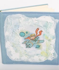 Handmade photo album bound with blue leather, size 31x31cm and 70 pages with rice paper (little prince with an airplane)-Hoper.gr