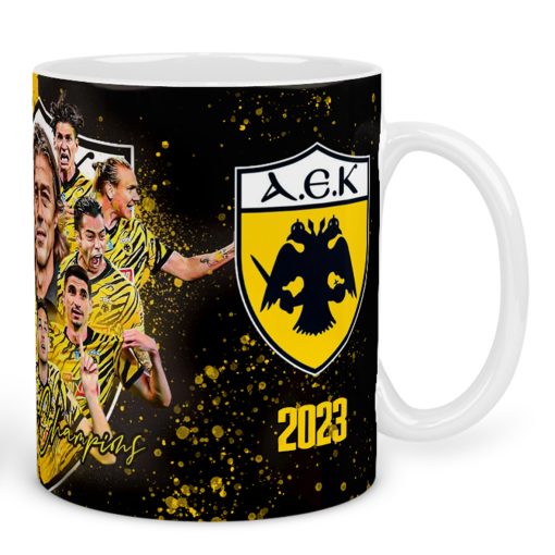 ceramic mug, teams, AEK, YELLOW CHAMPIONS, With gift box 325ml-Hoper.gr