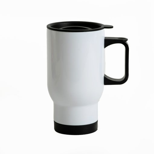Travel mug warm stainless steel white with lid and black handle 415 ml, (Named Antonis)-Hoper.gr