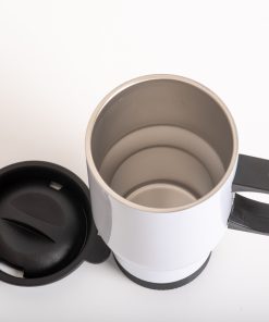 Travel mug warm stainless steel white with lid and black handle 415 ml, (Named Antonis)-Hoper.gr