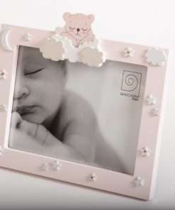 Wooden photo frame, for photo 15x20cm, with natural wood, teddy bear pink, external dimensions 24x22cm-A1436-Hoper.gr