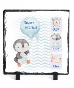 Gift for a newborn, commemorative stone frame, with elements from the baby's birth, Penguin theme with blue balloon, dimensions 20x20cm-Hoper.gr