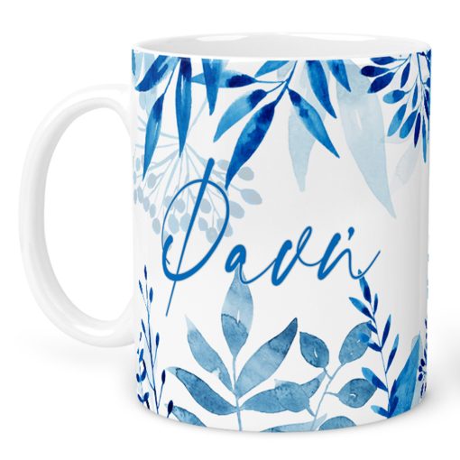 ceramic mug with Blue light leaves and name Fani or with the name of your choice the mug 325ml white inside is in a gift box-Hoper.gr