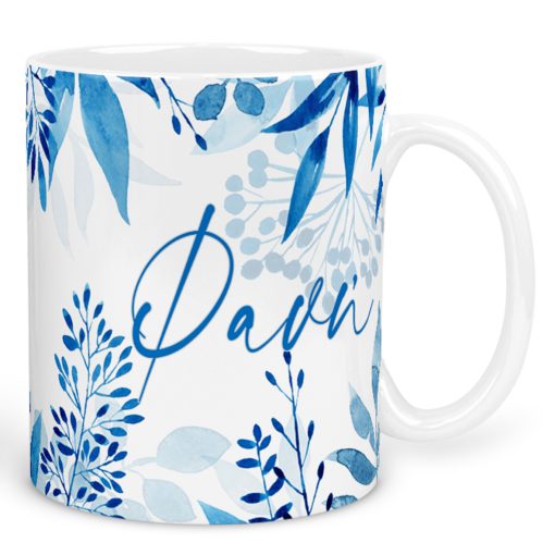 ceramic mug with Blue light leaves and name Fani or with the name of your choice the mug 325ml white inside is in a gift box-Hoper.gr