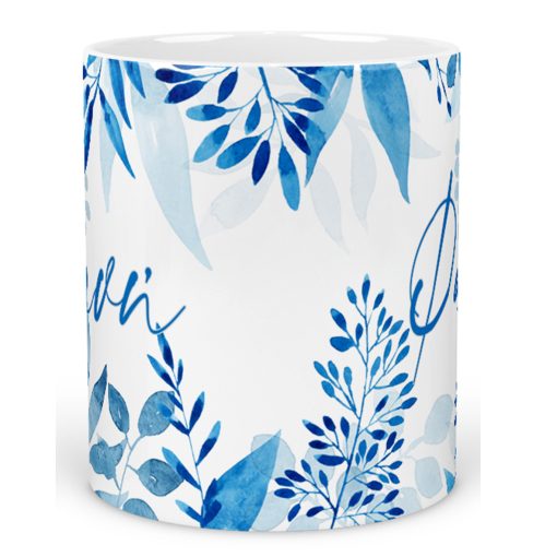 κούπα κεραμική με φύλλα Μπλε γαλάζια  και όνομα Φανή η με το όνομα της επιλογής σας  η κούπα 325ml λευκη μέσα είναι σε συσκευασία δώρου-Hoper.gr