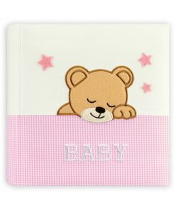 Album Blue ELISA, 60 pages with rice paper dimensions 32x32cm with box, cover with checkered fabric and teddy bear embroidery BABY-Hoper.gr