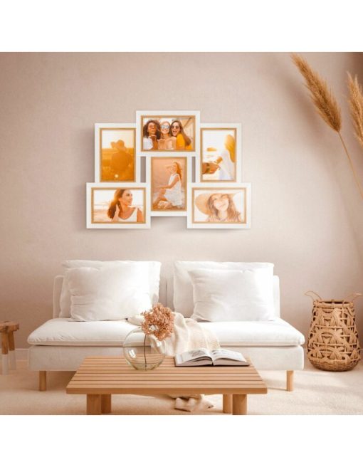 Kορνίζα AYAS,πολυκορνιζα ξύλινη τοιχου ,χρώμα λευκό και μπεζ ,για 6 φωτογραφίες 10Χ15  διαστάσεις 32x45cm-Hoper.gr