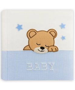 Album Blue ELISA, 60 pages with rice paper dimensions 32x32cm with box, cover with checkered fabric and teddy bear embroidery BABY-Hoper.gr