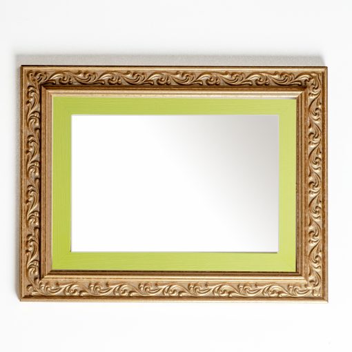 Wooden wall mirror horizontal gold matte color with carvings and green design K2022/1 & 29/38-Hoper.gr