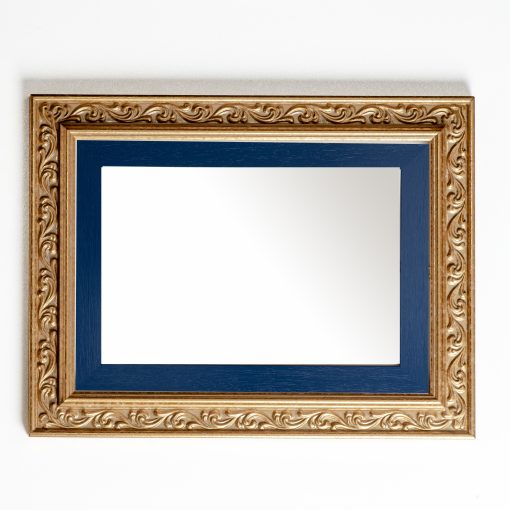 Wooden wall mirror horizontal golden color matte with carvings and blue design K2022/1 & 29/98-Hoper.gr