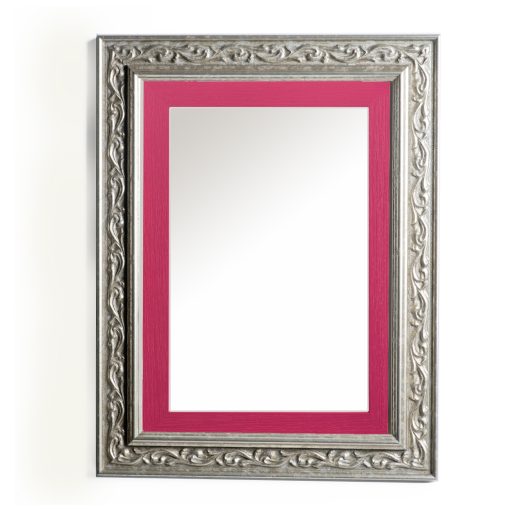 Wooden wall mirror vertical silver matte with carvings and fuchsia design K2022/2 & 29/16-Hoper.gr