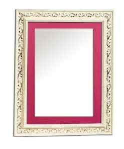 Vertical wooden wall mirror white off-white and fuchsia with gold details in the carvings design K2022/3 & 29/16-Hoper.gr