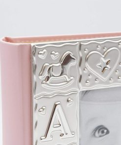 Pink leather-bound album with silver metallic decoration and space on the cover for a photo, with pockets for 100 photos 10×15 cm (baby album) 281ALB-Hoper.gr