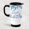 Travel mug warm stainless steel white with lid and black handle 415 ml, (Named Fani) blue leaves-Hoper.gr