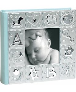 Leather-bound album Blue with silver metallic decoration and space on the cover for a photo, with pockets for 100 photos 10×15 cm ( baby album ) 281ALB -blue-Hoper.gr