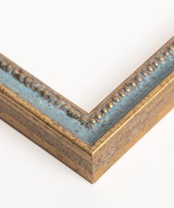 Κορνίζα ξύλινη τοίχου  χρώμα χρυσό & γαλάζια τουρκουάζ  γραμμή  με σημάδια  παλαίωσης και σκάλισμα κόσμημα  , τζάμι Ματ (Κ6101/98)-Hoper.gr