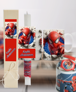 Spiderman Easter candle in a wooden box with mug and clock (Spiderman) 02-Hoper.gr
